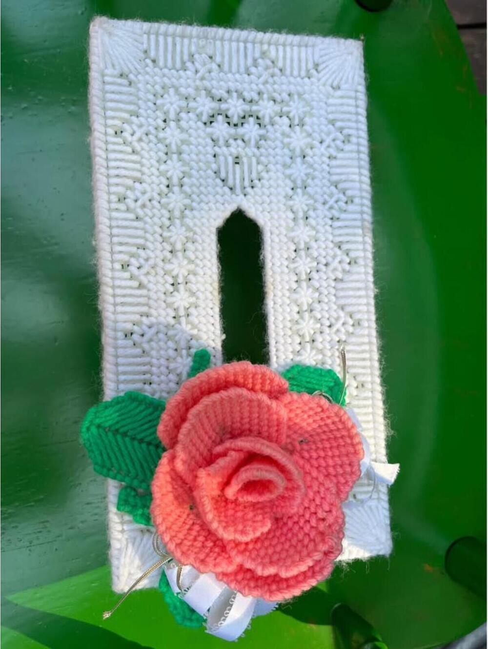 Vintage White Cross Stitch 10x5” Rose tissue box cover